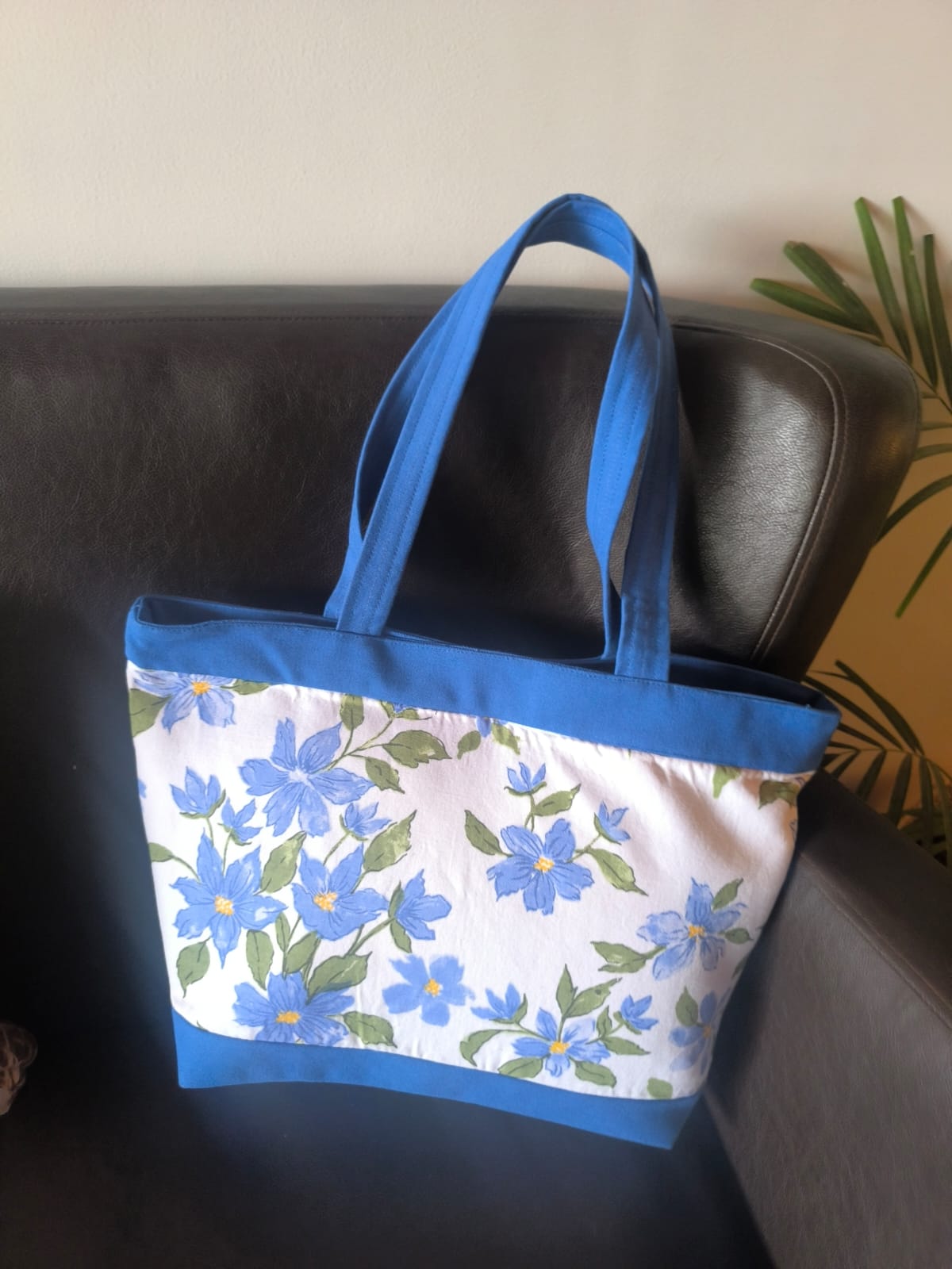 Designer Blue White Floral Print Thick Cotton Cloth Shopping Bag With Zip Tote Bag