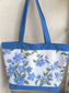 Designer Blue White Floral Print Thick Cotton Cloth Shopping Bag With Zip Tote Bag