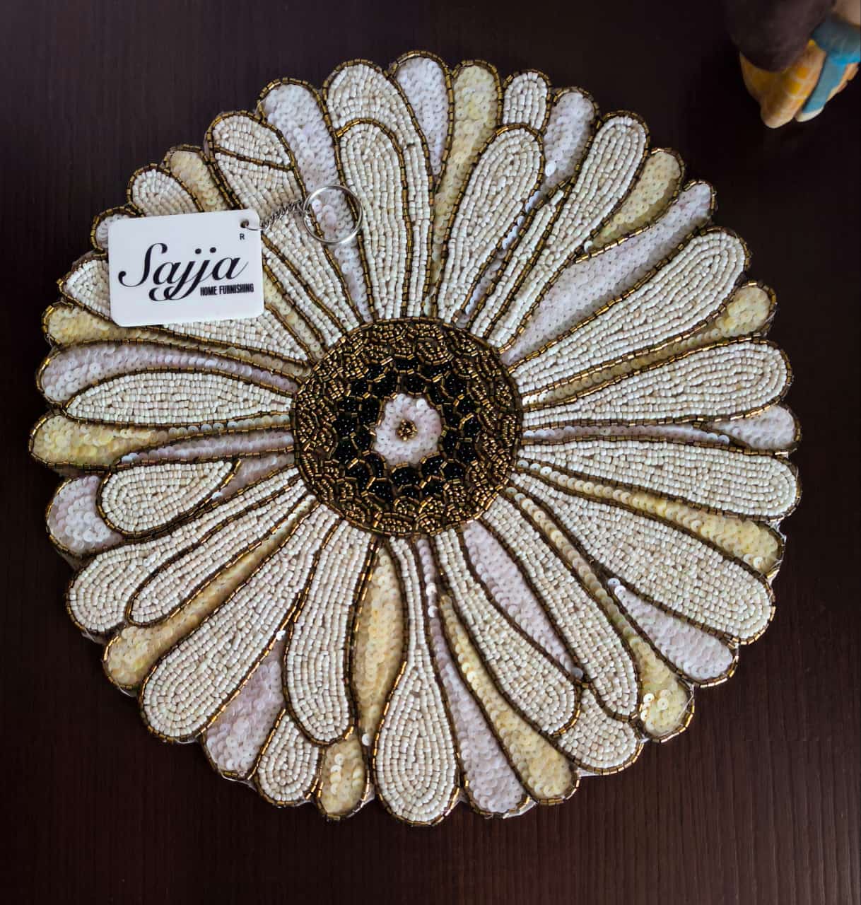 Designer White Handcrafted Floral Round Beads Placemat Table Mat