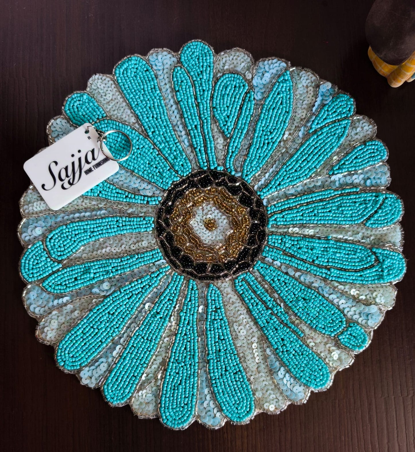 Designer Turquoise Blue Handcrafted Floral Round Beaded Glass Placemat Table Mat