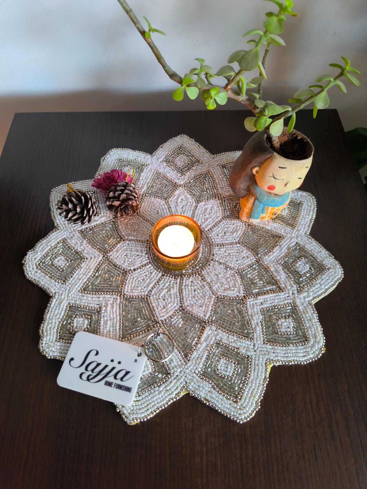 Designer French Inspired White Silver Beaded Table Placemat