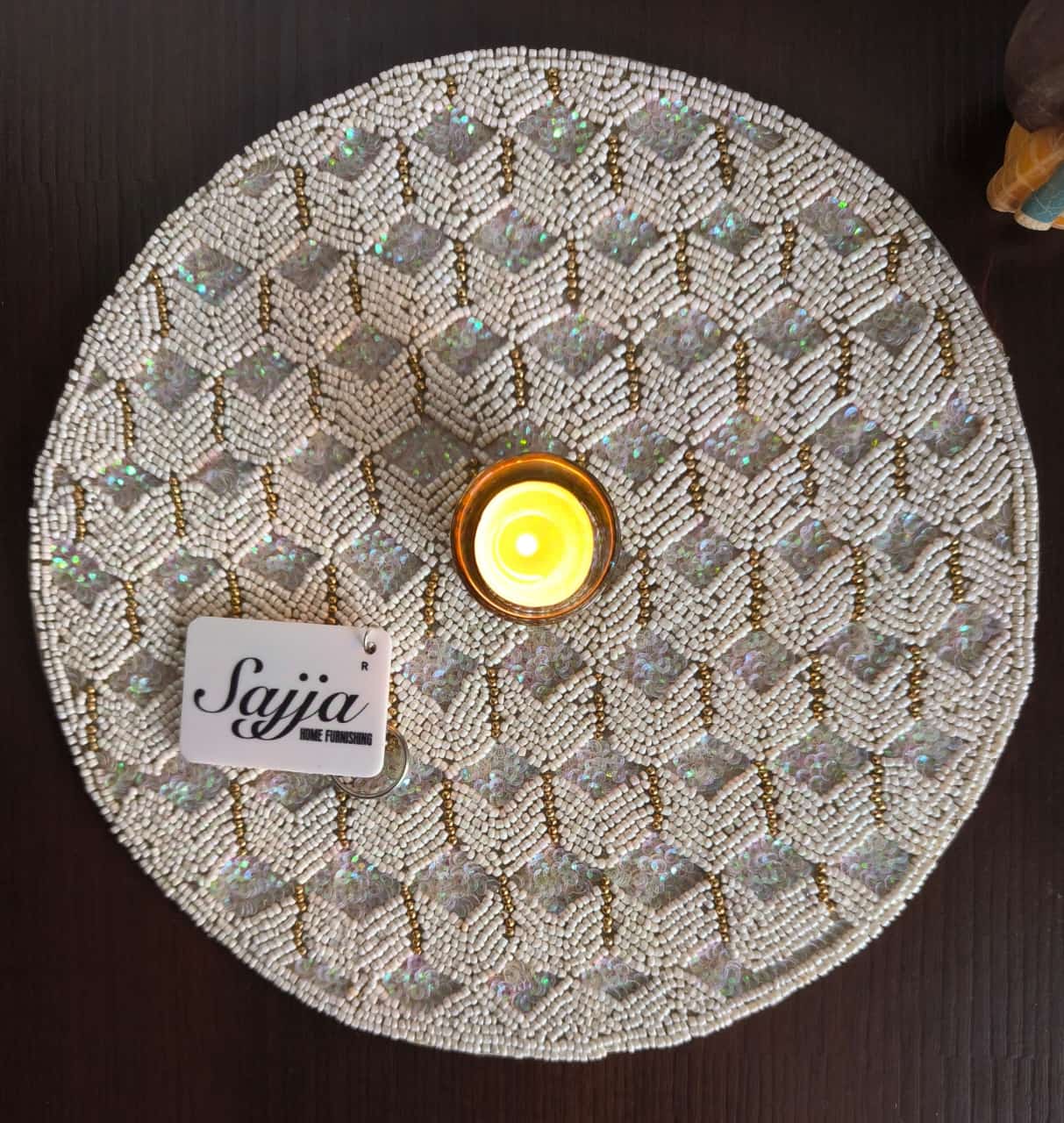 Unique Stylish Ivory Beads Sequins White Round Table Placemat Runner