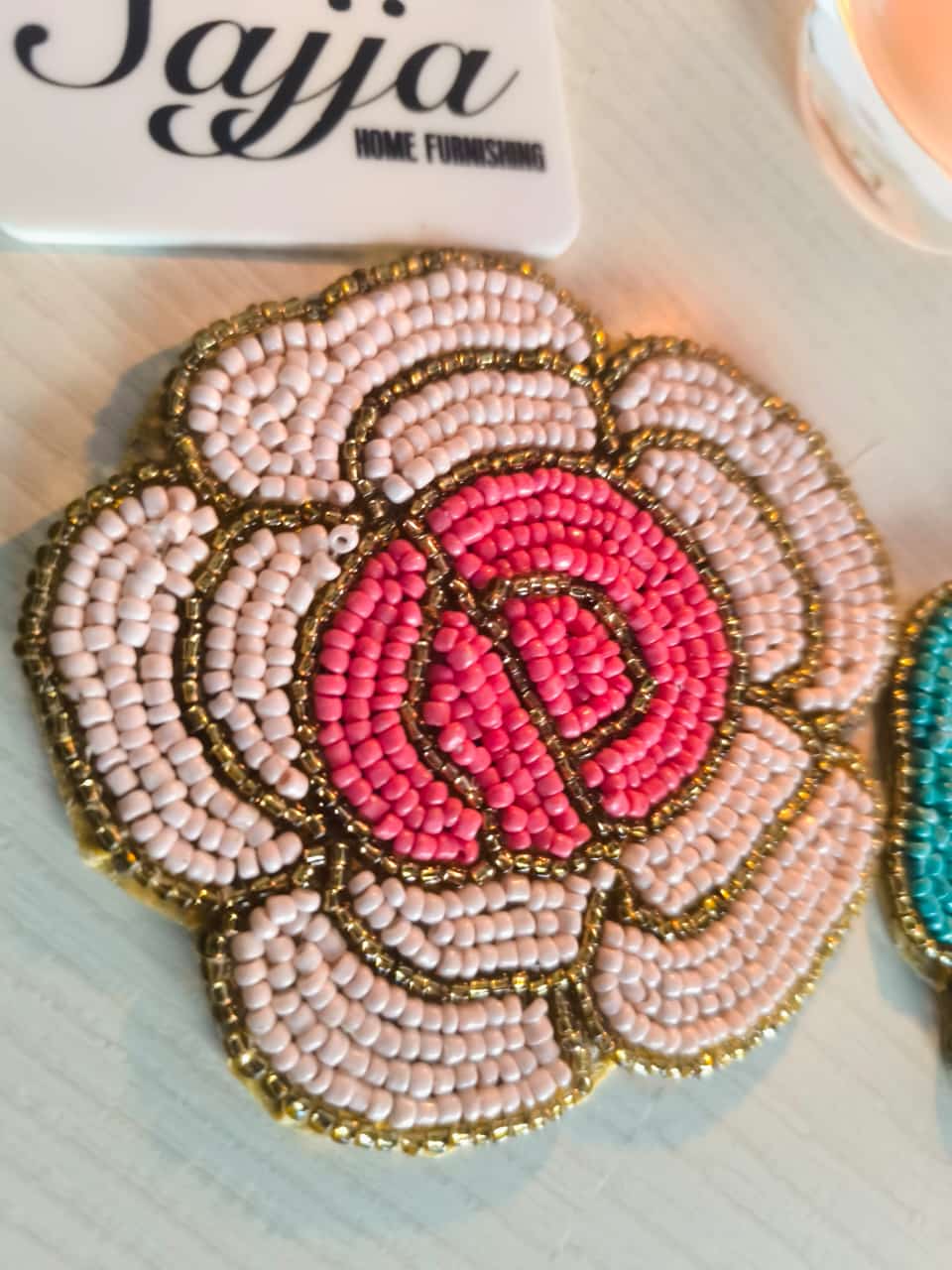 Pink Peach Handmade Round Floral Beads Coaster Doily