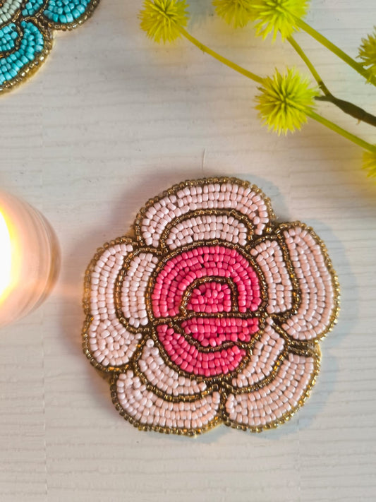 Pink Peach Handmade Round Floral Beads Coaster Doily