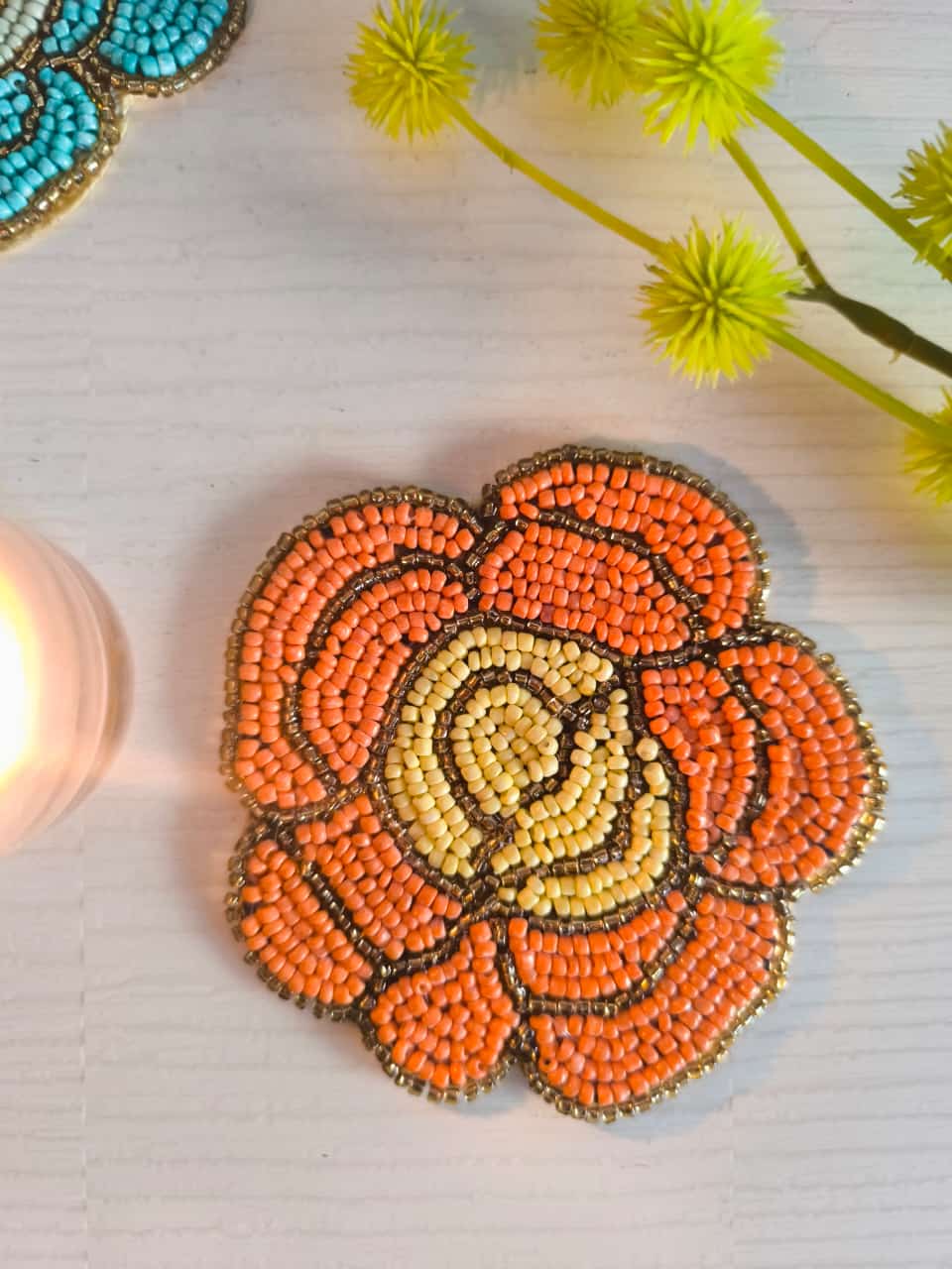 Sajja Yellow Orange Scalloped Rose Floral Handmade Round Beads Coaster Doily