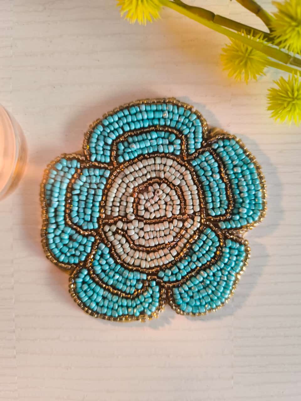 Floral Glass Beaded Turquoise Teal Handmade Round Beads Coaster Doily