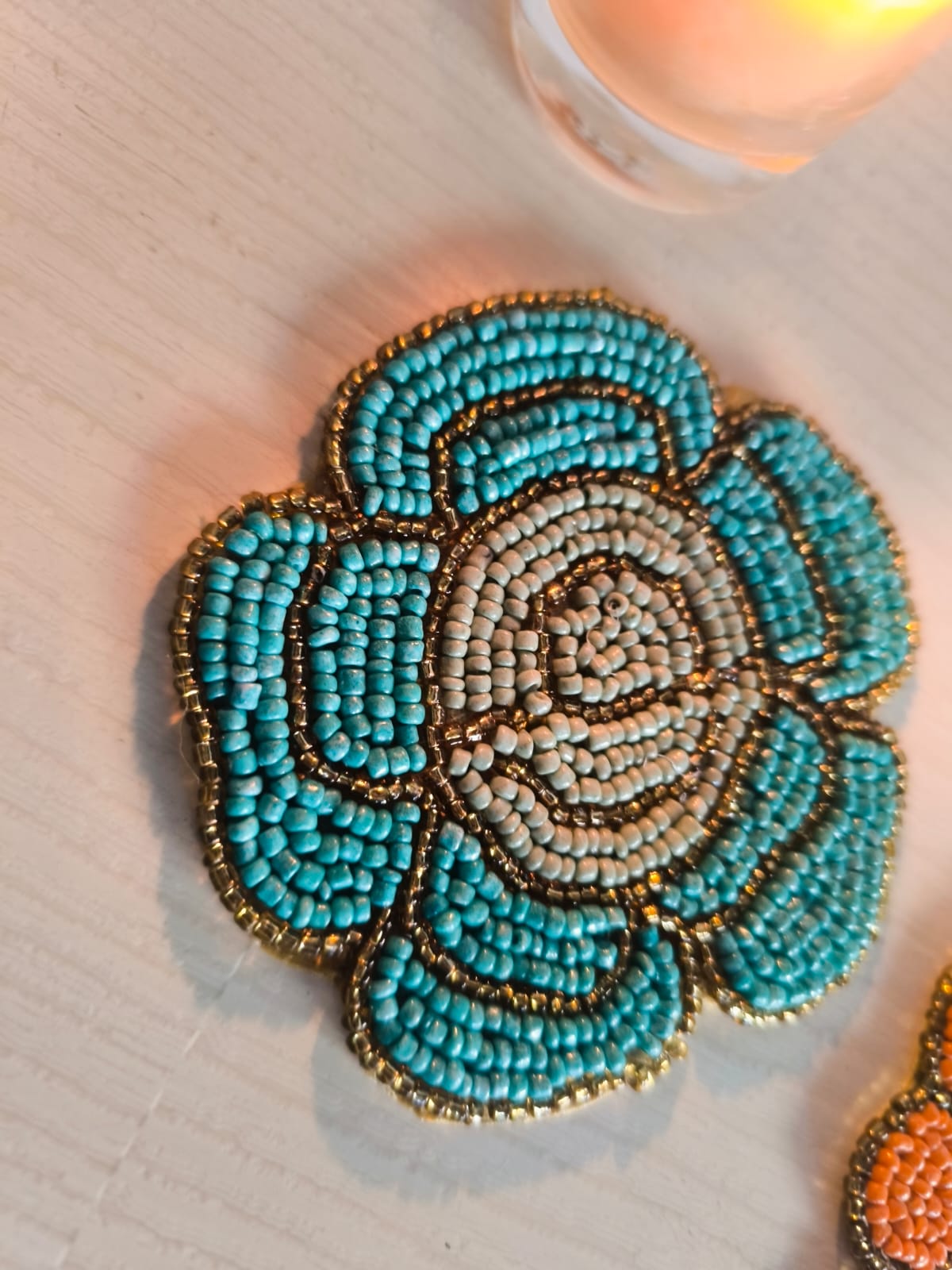 Floral Glass Beaded Turquoise Teal Handmade Round Beads Coaster Doily