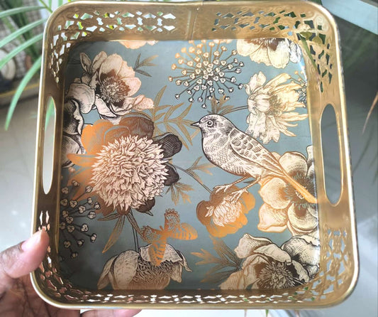 Magnificent Kuku Bird Floral Decorative Tray 8 x 8 inches | Square Flower Iron Trays