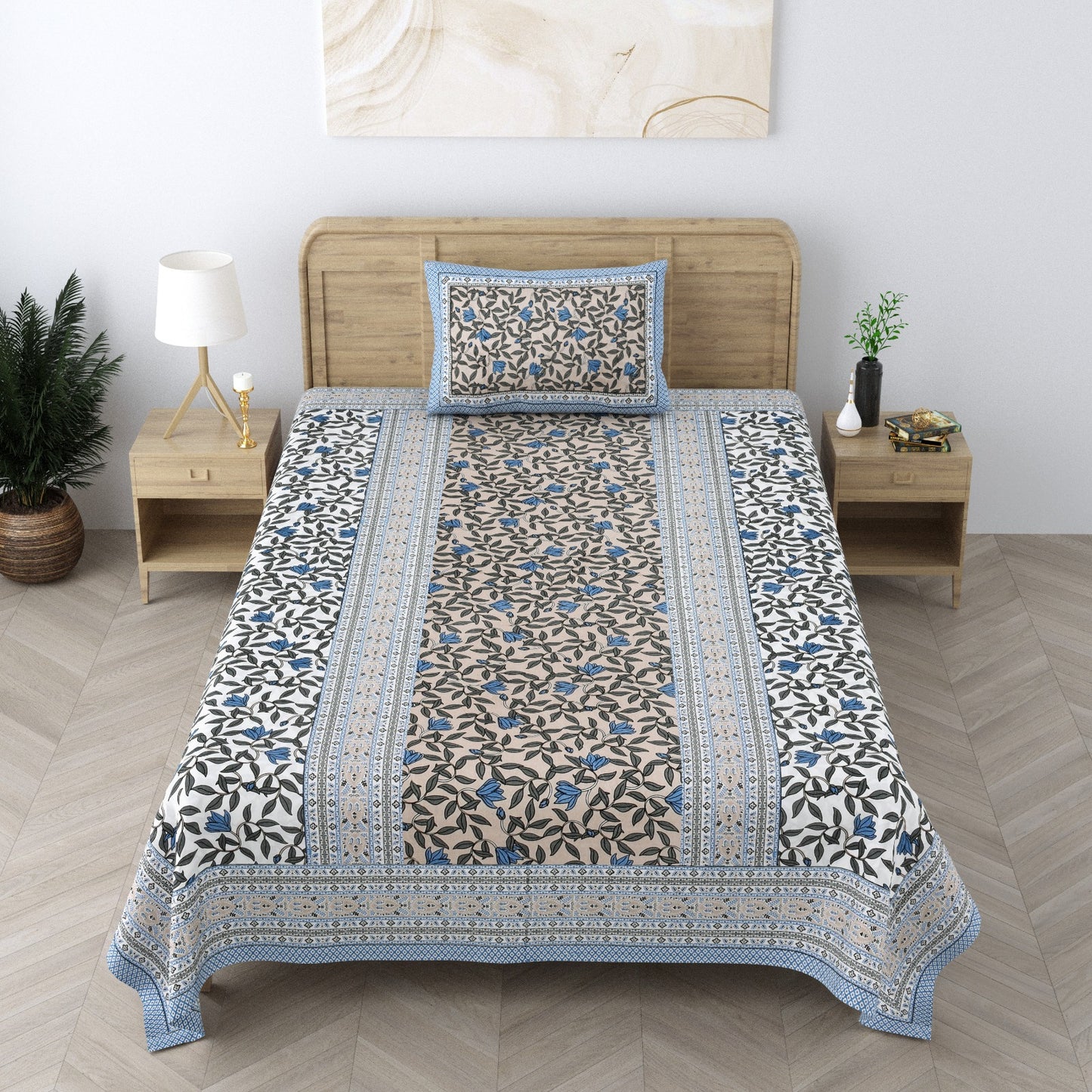 Hand block Print Pure Cotton Blue  Single Bedsheet (60 x 90in)