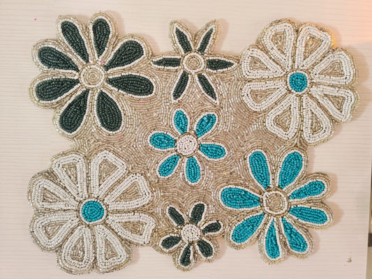 Designer Teal Silver White Blue Floral Beads Table Placemat