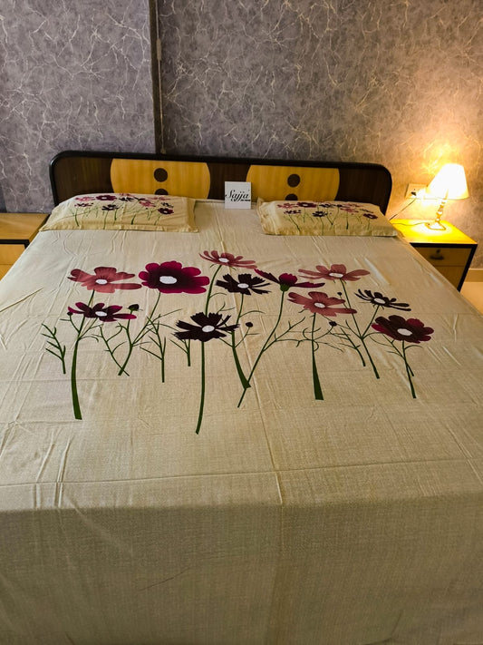 Designer Yellow Beige Floral Elegance Collection Cotton Double Bed King Bedsheet 9f x 9f
