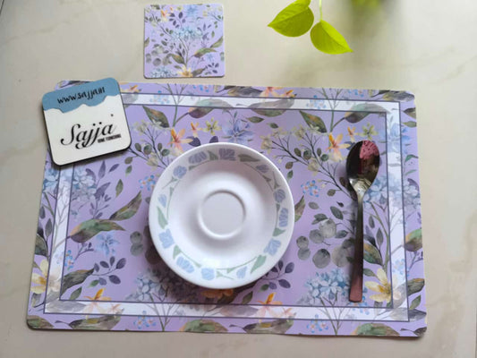 Designer Lilac Floral Pack of 6 Poly Vinyl Plastic Table Mats and Coaster