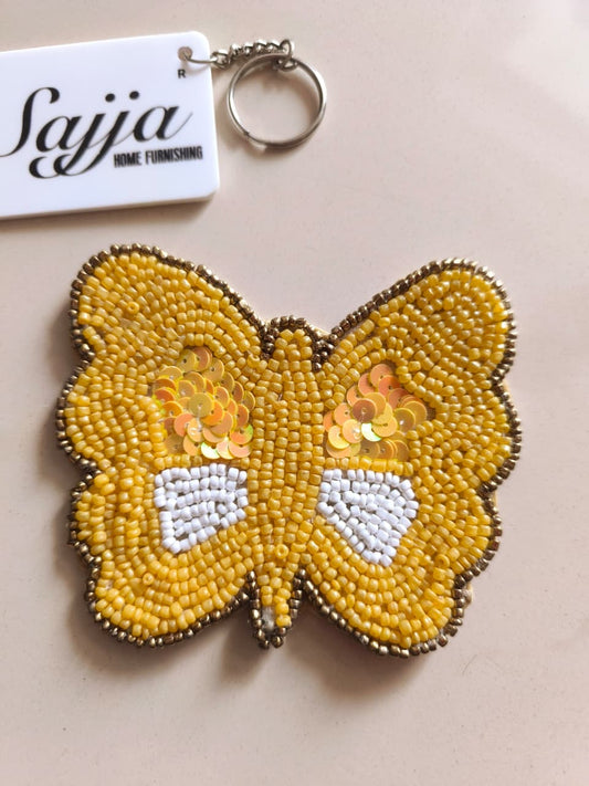 Playful Handmade Butterfly Yellow Beaded Coaster Doily