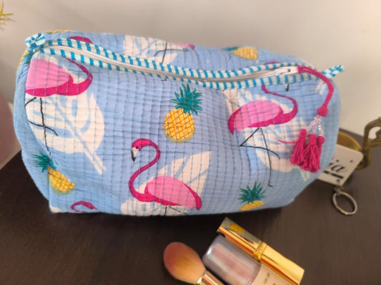 Blue Flamingo Hand Block Printed Water Resistant Multipurpose Pouch (Set of 3)