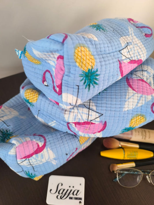 Blue Flamingo Hand Block Printed Water Resistant Multipurpose Pouch (Set of 3)