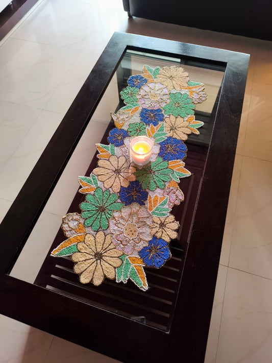 Handmade Multicolour Floral Beaded Table Runner | Foyer runner | Coffee Table Runner