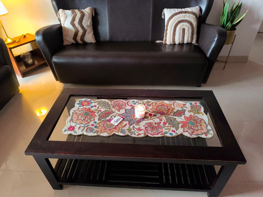 French Bouquet Embroidered floral hued Beaded Table Runner