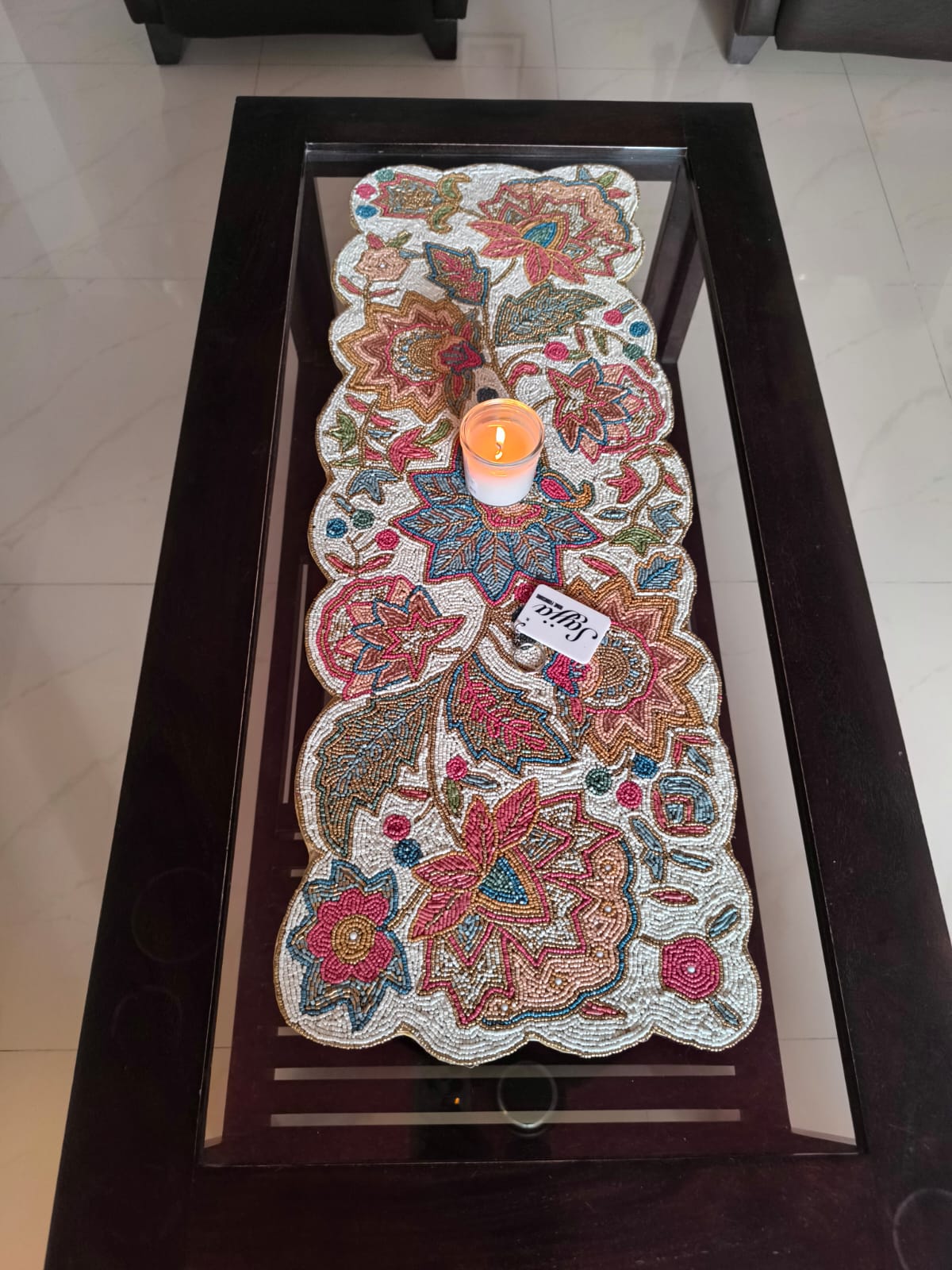 French Bouquet Embroidered floral hued Beaded Table Runner