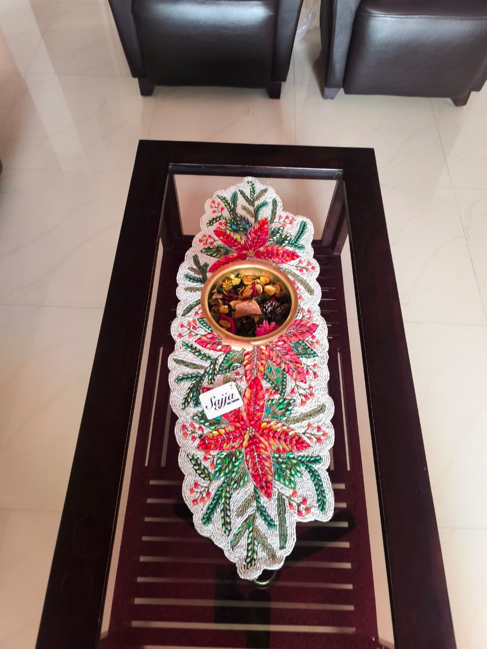 Rich Red Green Poinsettia Floral Handwoven Beads Table Runner