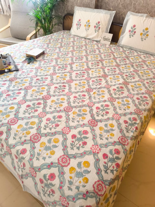 Buy Mughal Floral South Cotton Hand block Pink blue Double Bedsheet King 9 feet x 9 feet