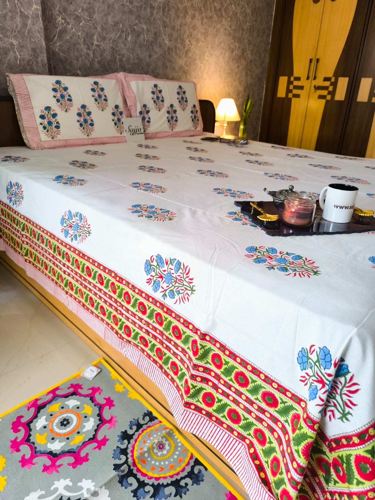 Buy Cotton Handblock Blue Grey King Double Bedsheet 9 feet x 9 feet Multicolour