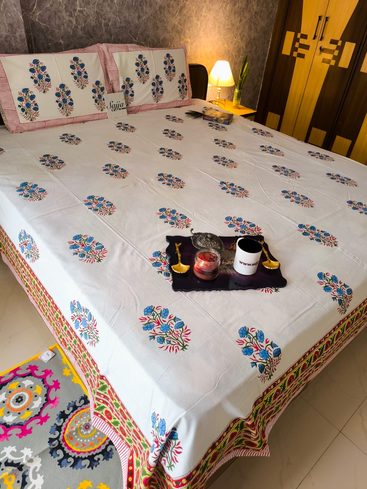 Buy Cotton Handblock Blue Grey King Double Bedsheet 9 feet x 9 feet Multicolour