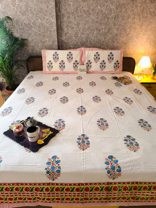Buy Cotton Handblock Blue Grey King Double Bedsheet 9 feet x 9 feet Multicolour