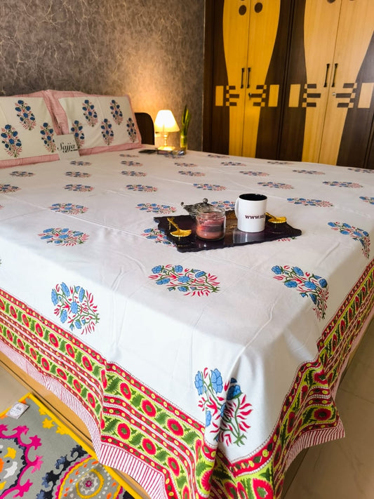 Buy Cotton Handblock Blue Grey King Double Bedsheet 9 feet x 9 feet Multicolour