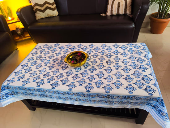 Buy Hand block Floral White Blue Table Cover - 40 x 60 inches -2 Seater Table Cover | Centre Table