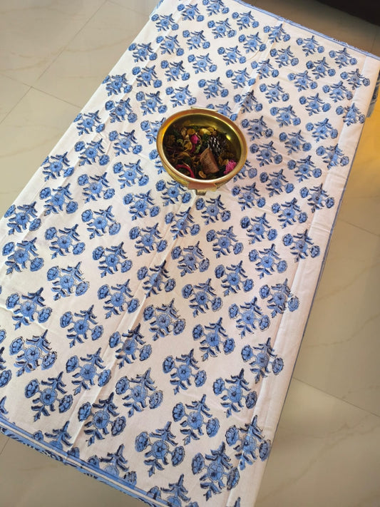 Buy Hand block Floral White Blue Table Cover - 40 x 60 inches -2 Seater Table Cover | Centre Table