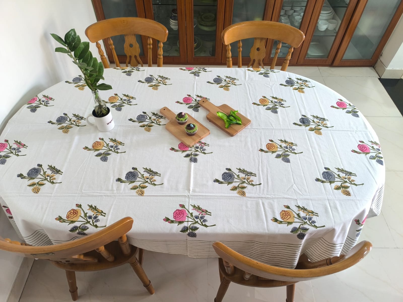 Designer Handblock Cotton Table Cover Yellow Pink phool - 60 x 90 inches 6 seater | smaller 8 seater  Table Cloth