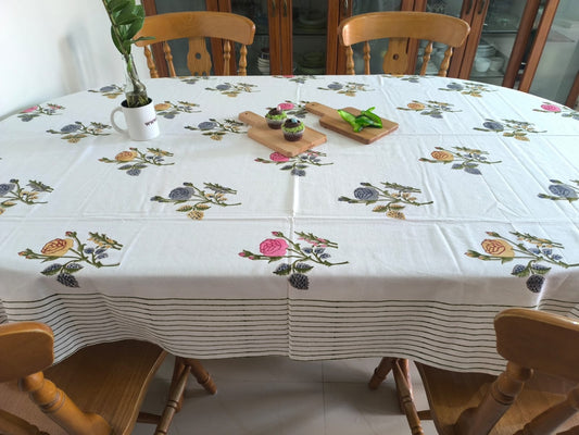 Designer Handblock Cotton Table Cover Yellow Pink phool - 60 x 90 inches 6 seater | smaller 8 seater  Table Cloth