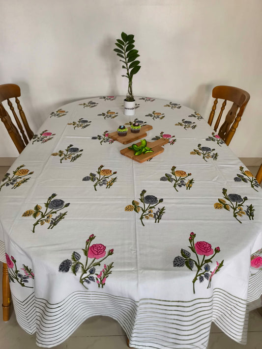 Designer Handblock Cotton Table Cover Yellow Pink phool - 60 x 90 inches 6 seater | smaller 8 seater  Table Cloth