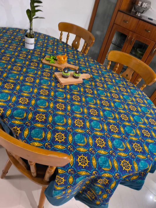Buy Cyan Blue Anchor Cotton Table Cloth -6 Seater Table Cover 60 IN x 90 IN