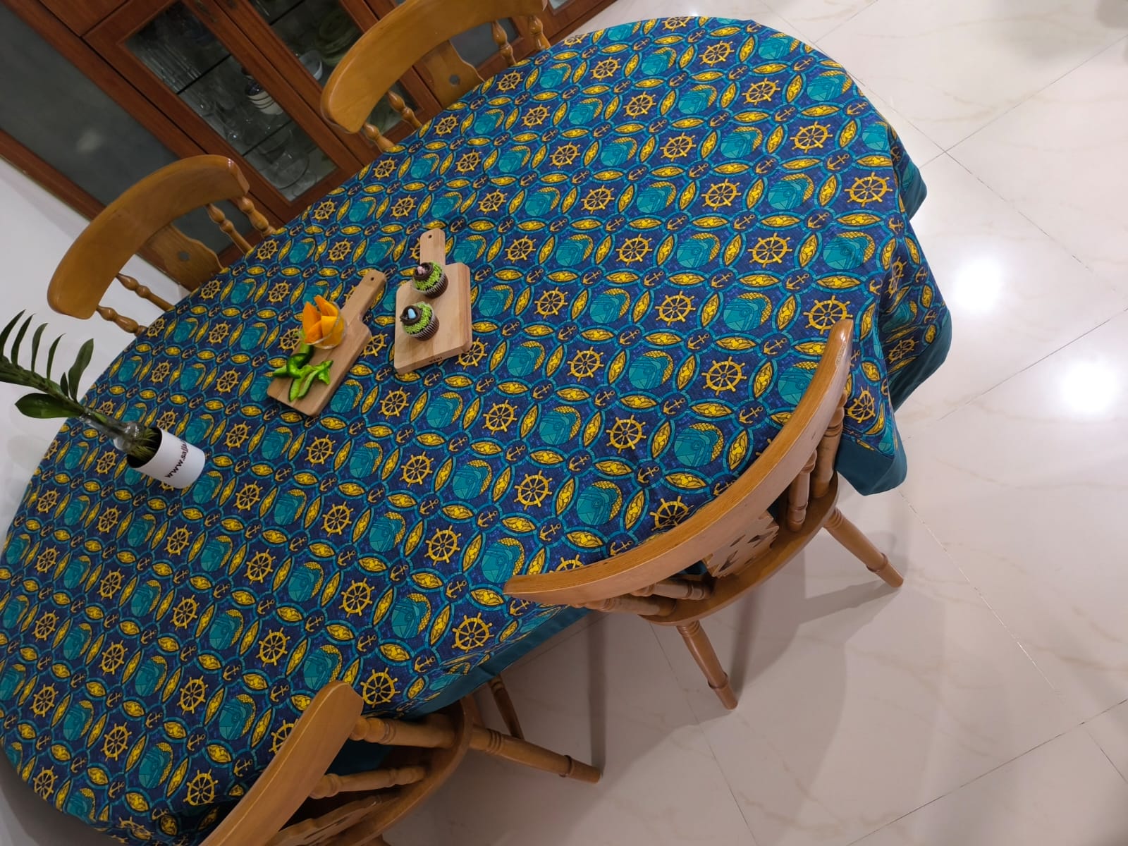 Buy Cyan Blue Anchor Cotton Table Cloth -6 Seater Table Cover 60 IN x 90 IN