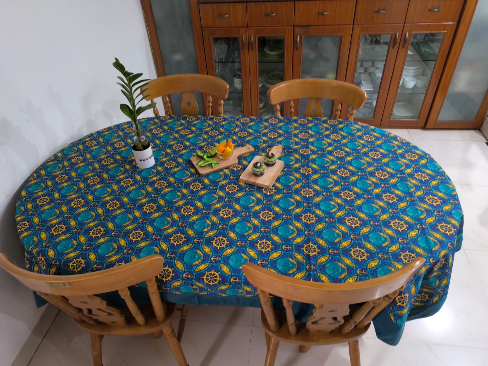Buy Cyan Blue Anchor Cotton Table Cloth -6 Seater Table Cover 60 IN x 90 IN