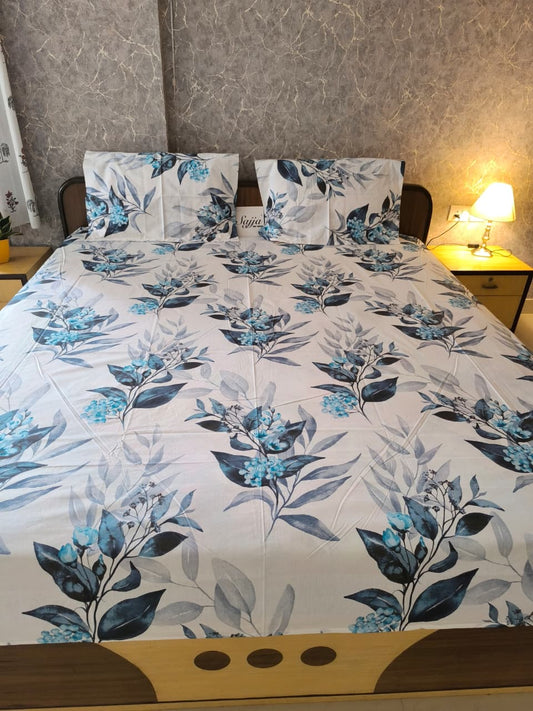 Luxury Collection Elegant Floral Teal Blue Cotton Double Bed King Bedsheet 9f x 9f