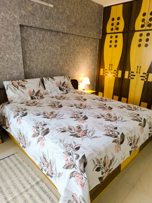 Deluxe Premium Cotton Water Colour Collection Peach Floral Double Bedsheet Super King 9f x 9f