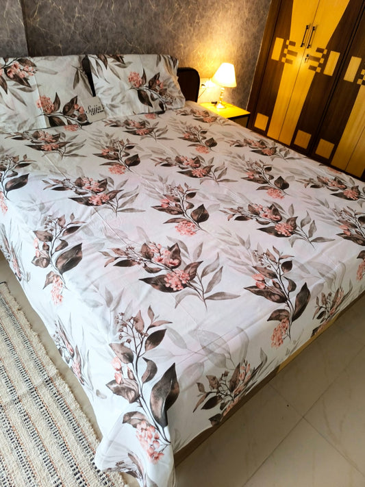 Deluxe Premium Cotton Water Colour Collection Peach Floral Double Bedsheet Super King 9f x 9f