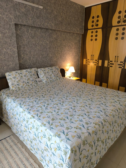 Luxury Collection Summery Tulip Floral King Bedsheet Sage 108 inches x 108 inches
