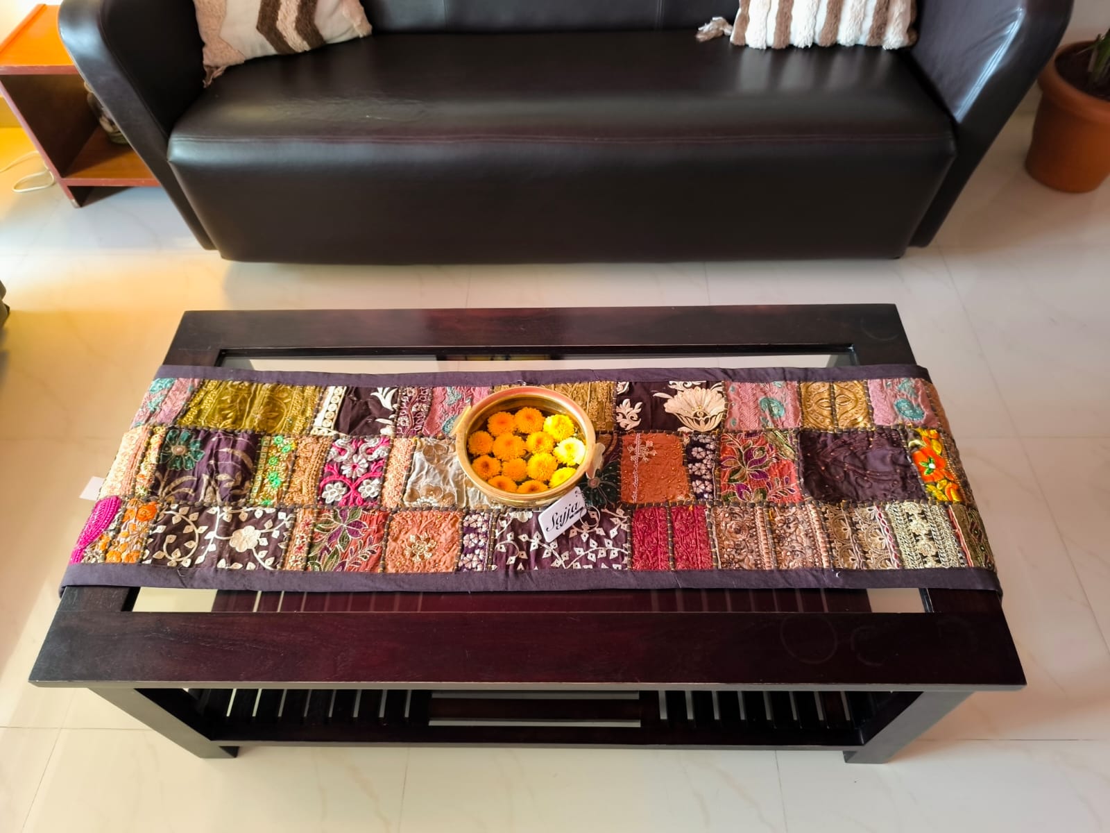 Elegant Ethnic Rectangular Brown Cotton Table Runner (14 x 60 inches)