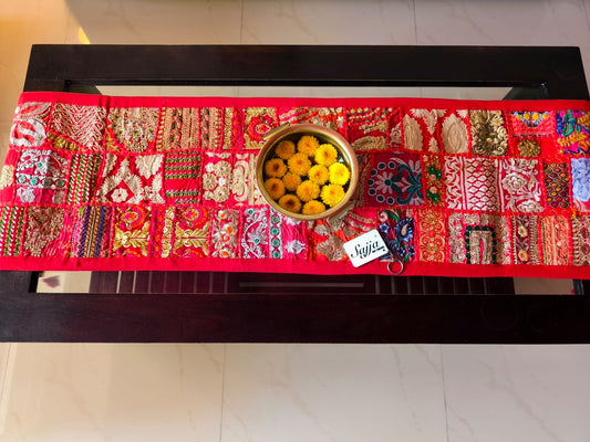 Ethnic Rectangular Khambadiya Embroidery Red Cotton Table Runner ( 14x 60 inches)