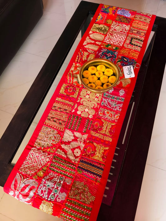 Ethnic Rectangular Khambadiya Embroidery Red Cotton Table Runner ( 14x 60 inches)