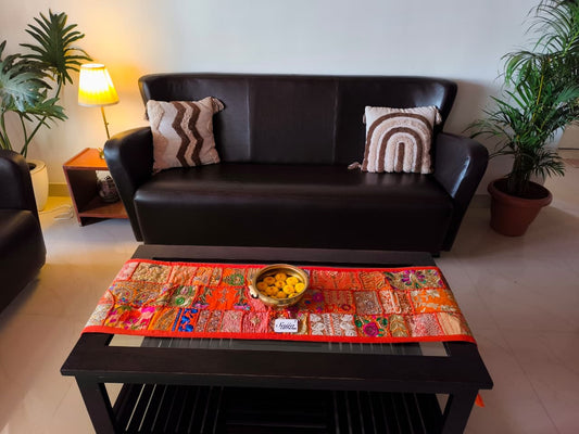Ethnic Khambadiya Embroidery Orange Cotton Table Runner ( 14x 60 inches)