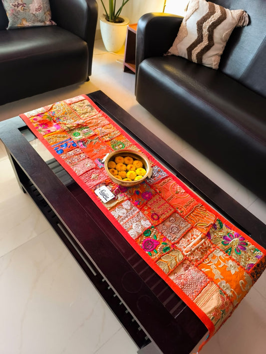 Ethnic Khambadiya Embroidery Orange Cotton Table Runner ( 14x 60 inches)