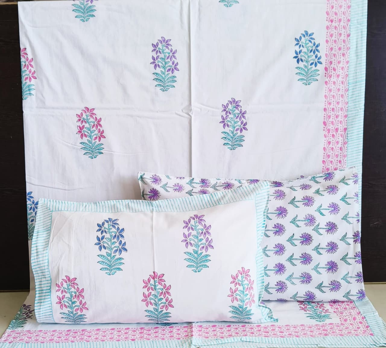 Hand block Cotton Double Queen Size Bedsheet Mughal Pink Blue Purple Bagh