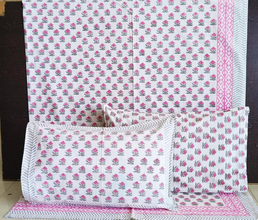 Premium Cotton Hand Block Trendy Flower Butta Queen Size Double Bedsheet online