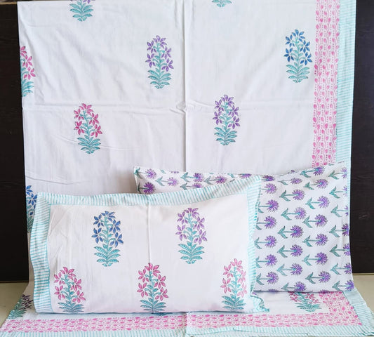 Hand block Cotton Double Queen Size Bedsheet Mughal Pink Blue Purple Bagh