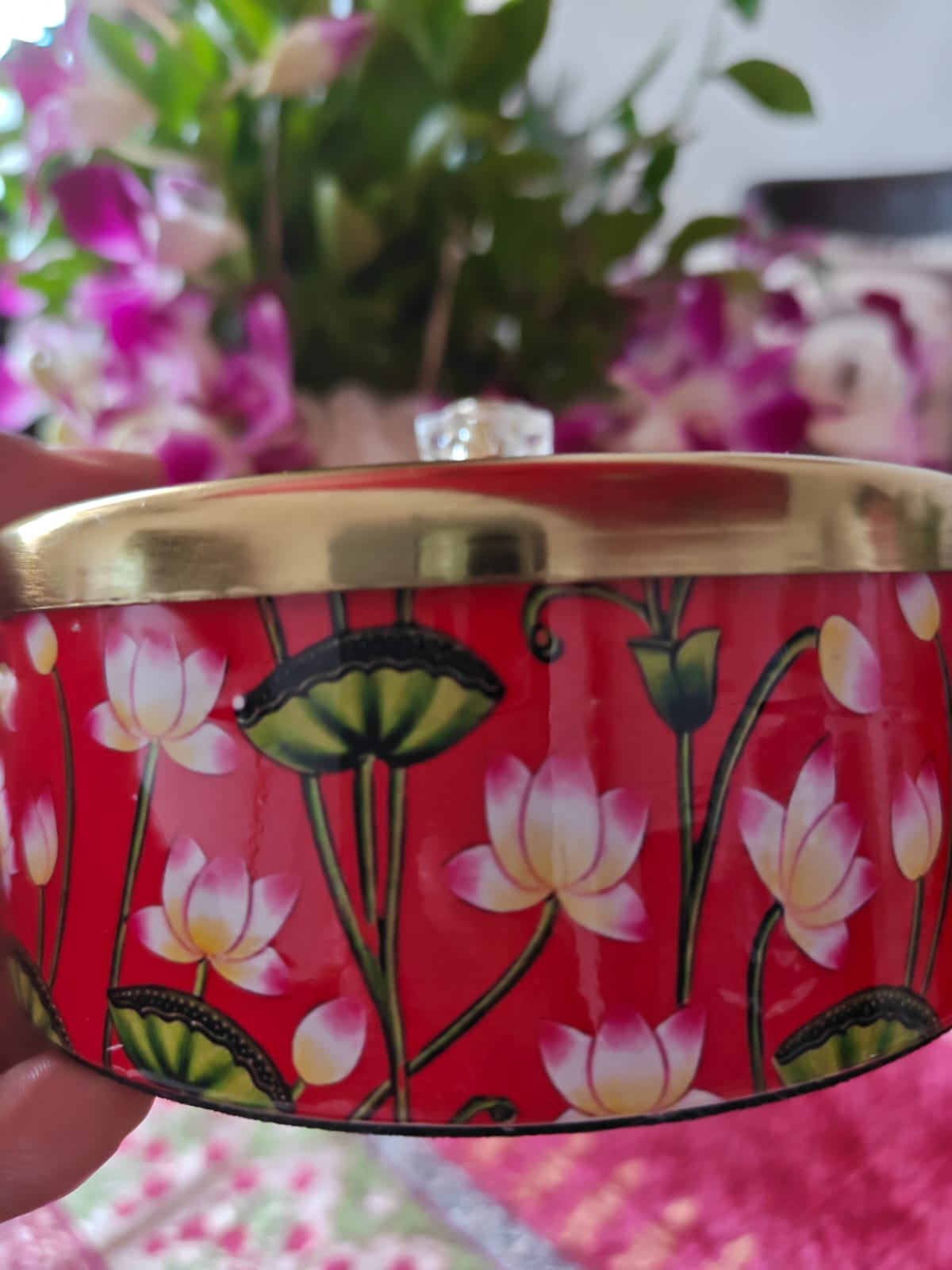 Decorative Red Round Pichwai Jar With Gold plated Lid (5 x 2 " inches) | Storage Metal container | Dry Fruit Jar