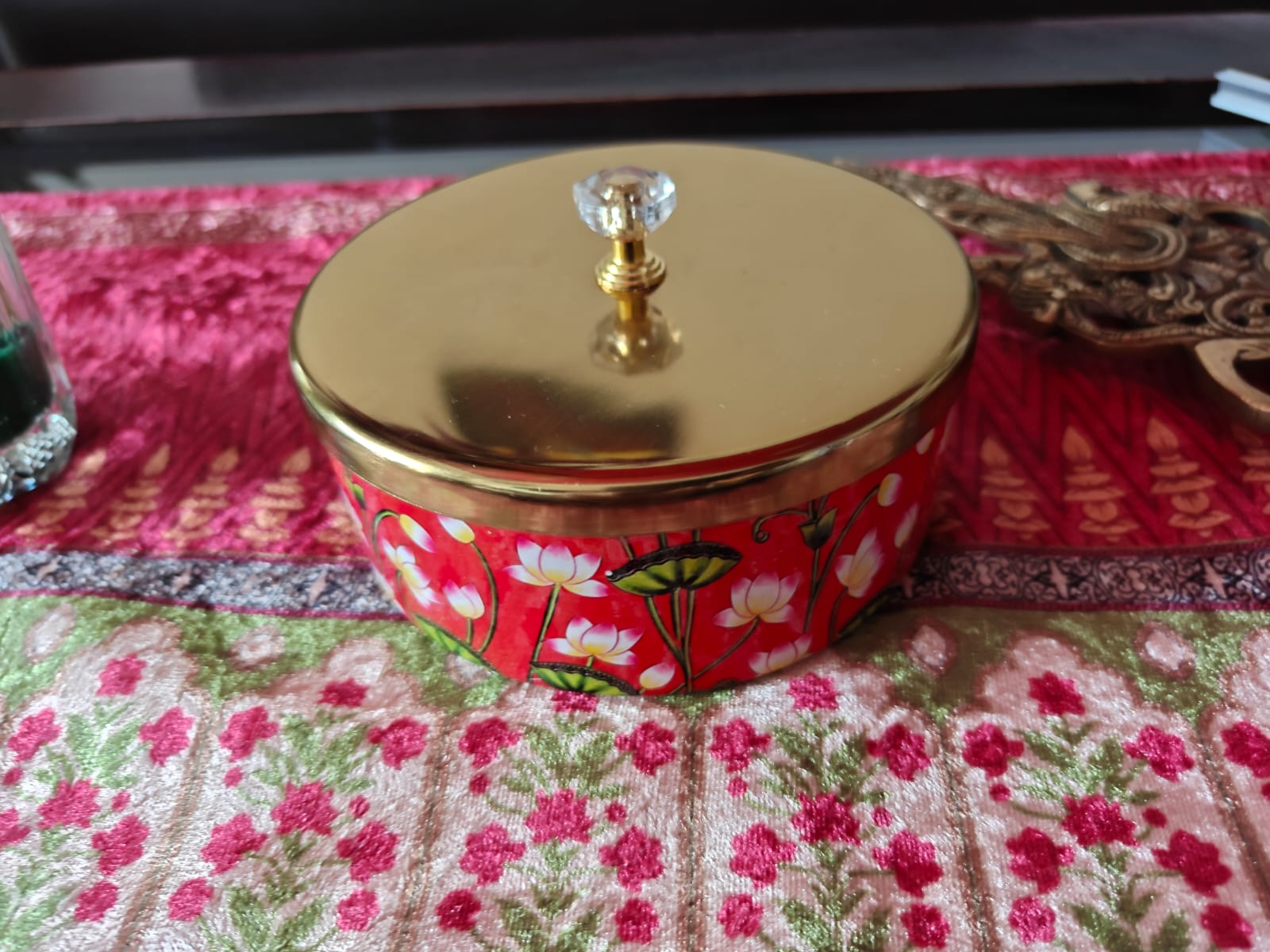 Decorative Red Round Pichwai Jar With Gold plated Lid (5 x 2 " inches) | Storage Metal container | Dry Fruit Jar